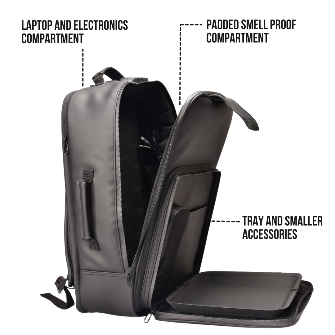 backpack external laptop compartment Herb Guard - XXL Leather Backpack with Combo Lock (Holds Over 7 Ounces)
